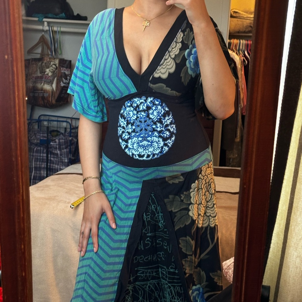 VINTAGE FLIRTY BLUE FLORAL/STRIPED PRINT MIDI DRESS